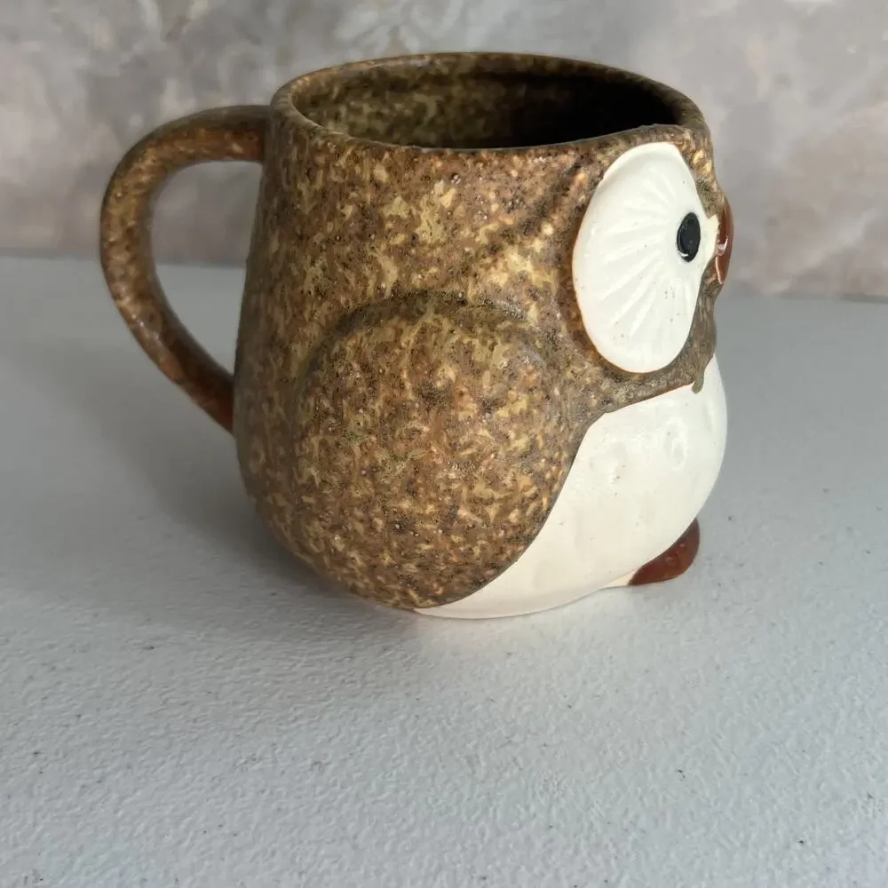 Studio Art Pottery Mug Owl Brown Speckled Hand Painted Matte Unmarked